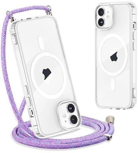 Yoedge Handykette für iPhone 12 Mini Hülle mit Band 5,4, Transparente Magnetisch Handyhülle [Kompatibel mit Magsafe], Schlank Dünn Silikon TPU Stoßfest Schutzhülle mit Kordel zum Umhängen, Regenbogen