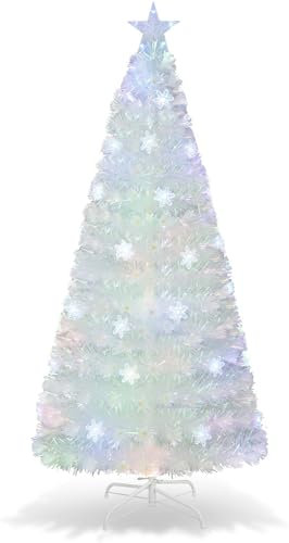 GYMAX Árbol de Navidad Artificial 120/150/180 cm, con Fibra de Vidrio y 18/24/30 Luces LED de Colores, Árbol Decorativo con Estrella en la Copa y Soporte de Metal, para Casa y Oficina, Blanco (180 cm)