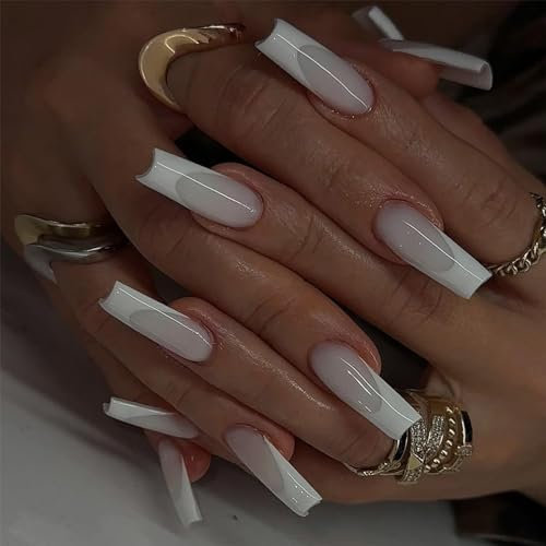 24pcs Long Coffin False Nails French Tip Stick on Nails White Edge Ballerina Press on Nails Removable Glue-on Nails Acrylic Full Cover Fake Nails Women Girls Nail Art Accessories