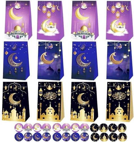 Eid Mubarak Geschenktüten, 12 Stück Muslim Ramadan Partytüten mit Aufkleber, Eid Mubarak Süßigkeiten Tasche, Kraftpapier Tüten Kinder Geschenk für Gurban Party Dekorationen (AB)