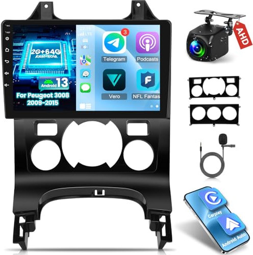 NHOPEEW 2+64G Autoradio pour Peugeot 3008 2009-2015 - sans Fil Carplay & Android Auto - Autoradio 9 Pouces Android avec WiFi GPS EQ FM RDS + AHD Caméra de recul&Mic