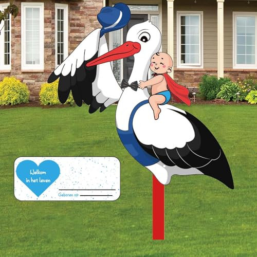 Klapperstorch Set zur Geburt Baby,Großer niedliche Holz Klapperstorch für Baby Junge Geschenk,65 cm hoch Babystorch, beidseitig bedruckt,Geburtsstorch inkl,Holzstab+ Namensschild Grußkarte