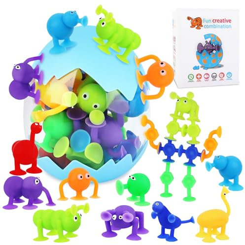 PBUSPU Jouets à Ventouse, 27PCS Jouet d'Aspiration pour Enfants œufs de Dinosaure Cadeaux Montessori Sensoriels Jeu de Bain Bébé pour 3 4 5 6 7 Ans Garçons Filles, pour Fenêtres, Baignoires
