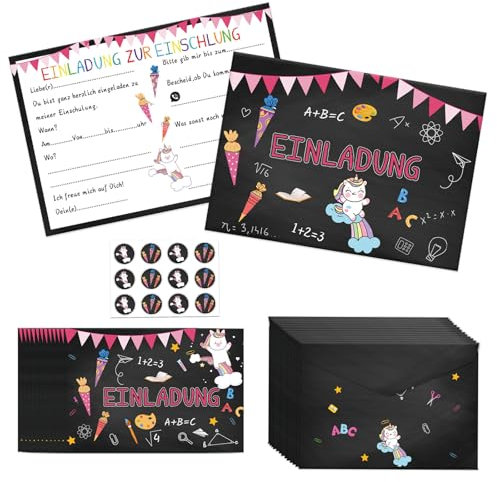 Ligtmor 12×Einladung Einschulung Mädchen Junge(A6), Einhorn Einschulung Einladungskarten mit Umschlägen, Einladung Schulanfang Mädchen für Kinder zum Schulanfang Einschulungsparty