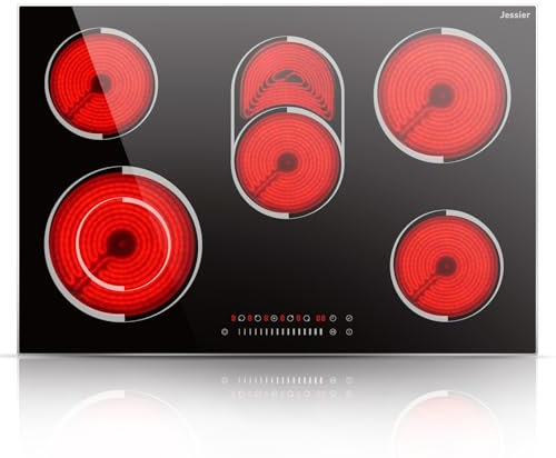 Placa Vitroceramic 5 Fuegos 8400W, Jessier Vitroceramica Induccion con Doble Zona de Barbacoa Ovalada, Placa Electrica Cocina 9 Niveles de Potencia, Función Pausa, Temporizador, Bloqueo de Seguridad
