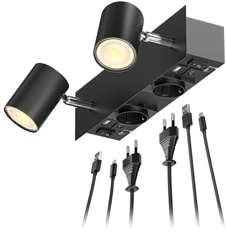 ledscom.de Wandspot WAIKA, 2-flammig, schwarz, Steckdosen, USB-C, USB-A, inkl. LED GU10 Lampen, 3-Stufen-Dimmer, je 374lm, 70°, warmweiß