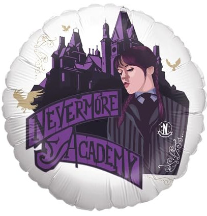 Party Factory Wednesday Folienballon rund, Ø45cm, weiß lila schwarz, Nevermore Academy, Party Deko, Helium Ballon Geburtstag Mottoparty