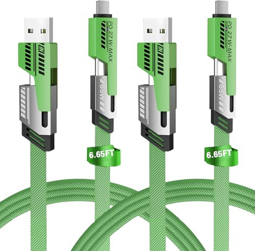 Gartmost 2Pack 4 in 1 Schnellladekabel, Datenübertragung, 1,8 m, geflochtenes Kabel 65 W, USB C USB A und IP, mehrere Ladekabel für Handy/Pad/mehr (Grün)