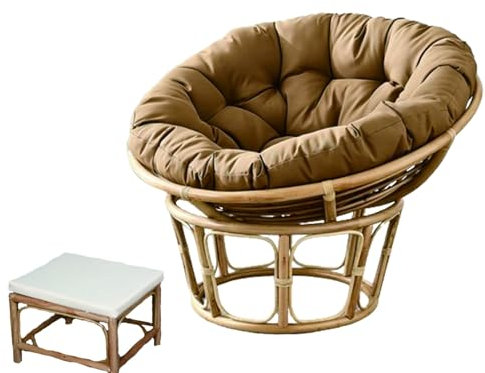 MIAOMI Lazy Sofa Chair, Comfortable Saucer Chair, Wicker Papasan Chair, Round Natural Rattan Papasan Seat Chair, with Papasan Chair Cushion and Footstool, 110 * 110 * 80cm(Light brown)