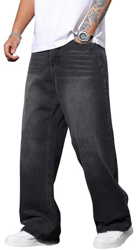 Zewool Herren Hip Hop Baggy Jeans Weite Beinform Streetwear Y2K Skater Jeans Lässige Lockere Denim-Hosen Skateboard Gerade Entspannte Passform Bewegungsfreiheit,E10 Schwarz,L
