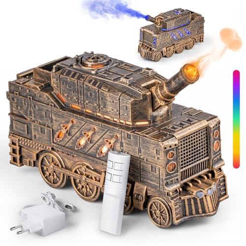 Jeebel Aroma Diffusor für Ätherische Öle - Tank Diffuser mit Kanonen Styling, Farbigen LED Flammeneffekt, Fernbedienung, Ladegerät - 300ml Mini Luftbefeuchter für Aromatherapie im Schlafzimmer, Büro