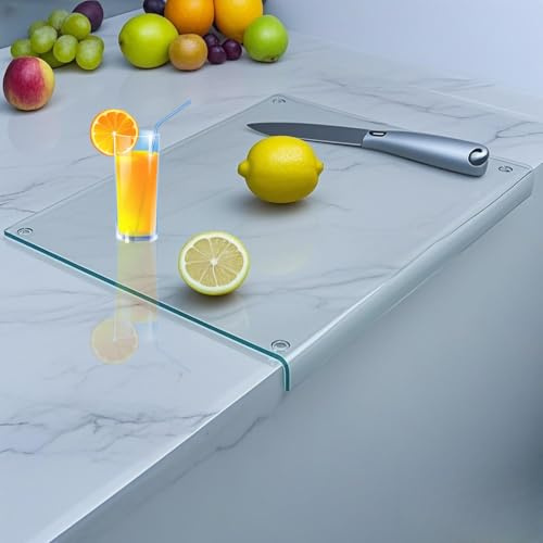 LADIHAB Tempered Glass Cutting Board with Counter Lip - Scratch-Resistant, Non-Slip, Countertop Protector - Large Clear Glass Chopping Board for Kitchen, Easy to Clean（17x13.3in Clear）