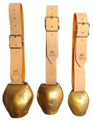 MELONI Glocke Kuhglocke rund für Kühe, Kälber, aus vermessingtem Eisen mit Lederhalsband, handgefertigt (9) - 1 Stück
