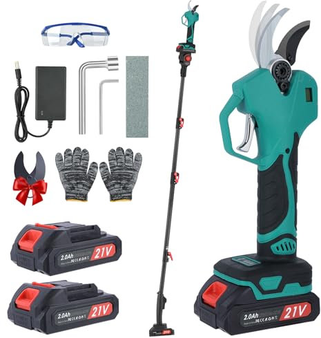 Secateur Electrique avec perche Télescopique: 2 m Perche Télescopique avec Écran,15/25/40mm réglage à 3 vitesses, 2 * 2.0Ah Batteries-pour la Taille, le Jardinage, les Arbres Fruitiers et le Vignoble