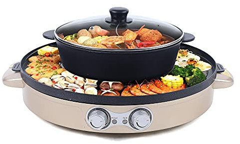 Hot Pot mit Grill 2200W Großvolumen Elektrischer Topf mit Unabhängiger Temperaturregelung, Leistung Praktischer 2 in 1 Grill Multifunktions Rund BBQ Tischgrill für Familienfeste (Gold)