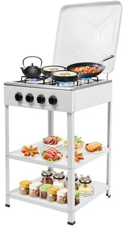 Juego de 4 hornillos de gas, hornillos de gas, estufa de gas con armario doble y tapa, horno de camping portátil para familias o actividades al aire libre como camping, pesca, caravanas (blanco)