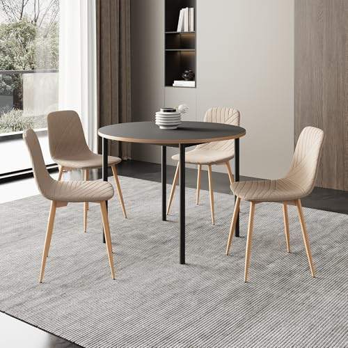 [en.casa] Mesa Comedor con 4 Sillas de Comedor Lindesberg para Cocina Salón Despacho Conjunto Mesa Redonda y Sillas máx. 120 kg/Silla MDF Textil Metal 75 x Ø 100 cm - Marrón Claro/Gris