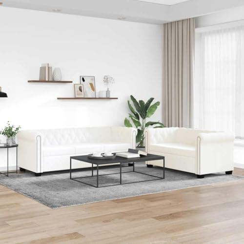 YuuSsea Chesterfield Sofa Set, 2-Sitzer und 3-Sitzer, Weiß Kunstleder, Robustes Holzgestell, mit Knopfheftung und Nieten, Luxuriöses Wohnzimmer Lounge Möbel Set