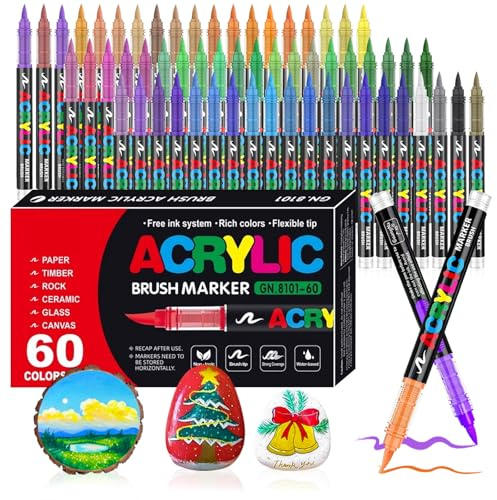 Camiki Art Acrylic Paint Pens, 60 Colors Acrylic Brush Paint Markers, Acrylic Markers for Rock Painting Stone Glass Ceramic Wood Metal Fabric