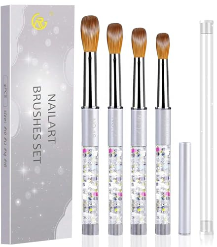 Jorun 4 Pcs Acrylic Nail Brush Set-Acrylic Brush Strong Durable | Professional Size 10/12/14/16,Acrylic Nail Brushes Nail Art Brushes,Acrylic Brushes for Nails for Home Diy Salon - Silver