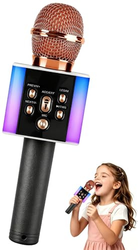 Huedbeads Wireless Bluetooth Microphone with 7-Color LED Lights - 2-in-1 Karaoke Mic & Bluetooth Speaker,Karaoke Gift for Kids/Adults (rose gold)