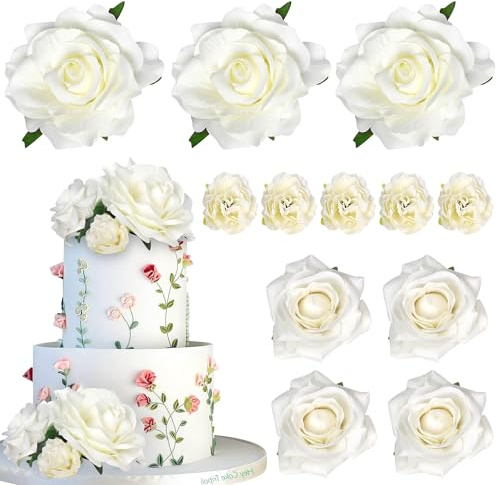 SYKYCTCY 10 Pack White Flower Cake Toppers Artificial Flowers Cake Picks DIY Wedding Artificial Roses Cake Decorations for Bridal Shower Birthday Wedding Anniversary Party Decorations