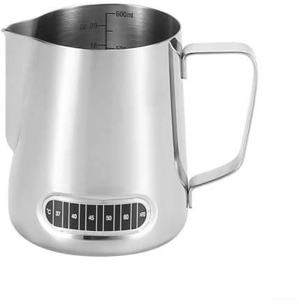 Yhenlovtt Milchkännchen aus Edelstahl mit Temperaturanzeige für Latte Art – 350 ml 600 ml Messbecher mit Ausgießer, eingebautem Thermometer, ergonomischer Griff (600 ml 201)
