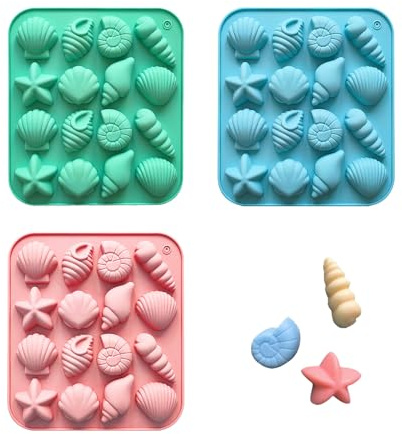 TENGWA 3 Pièces Moules en Silicone Thème Marin 16 Cavités Moules Silicone Animaux Marins 3D Étoiles de Mer Coquillages pour Décorer Gâteaux Chocolats Bonbons Glaçons et Savons