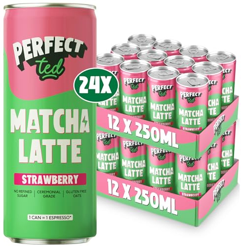 PerfectTed Strawberry Matcha Latte RTD, Ceremonial Grade Japanese, 24 x 250ml Cans, Ready-to-Drink with Gluten-Free Oats | Smooth & Creamy | Dairy-Free | Vegan (24 Pack, Strawberry)