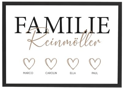 Druckhaus Bilderrahmen Personalisiertes Familie Poster mit Herz Typographie, Familienbild für Kinderzimmer, Holz Bilderrahmen mit Glasscheibe, fotogeschenke personalisiert, personalisiertes geschenk