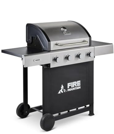Fire Mountain Sierra 4 Burner Gas BBQ Stainless Steel Cast Iron Grill | Side shelves large outdoor barbecue for garden family cooking 60 x 42cm cooking area