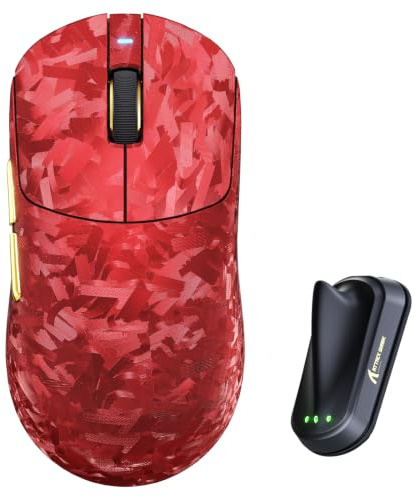 ATTACK SHARK RS3 Ultra Kabellose Gaming Maus, PAW3955MAX Sensor, Nordic 54L15 Chip, Kohlefaser, 8K Polling, 52K DPI, Ultraleicht 63g, BT/2.4G/Kabelgebunden, Ergonomische PC Maus für Esports, Rot