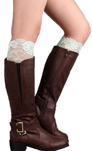 mollensiuer 2 Paar Stretch Spitze Stiefelstulpen Beinstulpen Socken Topper Manschette für Frauen Weiß, Weiss/opulenter Garten, Medium