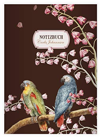 2 personalisierte Edle Papageien im Vintage Style DIN A5 Schulhefte, Schreibhefte auf Blüten Zweigen, braun Lineatur 6 (blanko Heft 16 Blatt/32 Seiten) Notizheft, Kladde für Schule, Uni, Büro