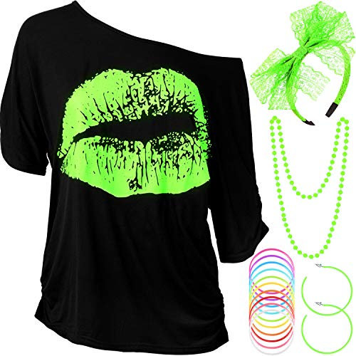 Blulu Damen 80 Jahre Kostüm Zubehör Set, Lippen Drucken T-Shirt Spitze Stirnband Ohrring Halsketten Armband für 80 Jahre Thema Party(Leuchtendes Grün,XXXL)
