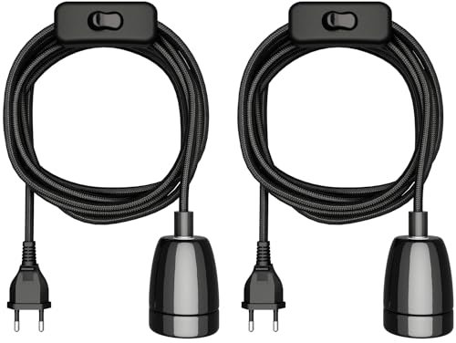ledscom.de 2 Stück Textilkabel LEHA II, Stecker, Schalter, schwarz, 3 m, Porzellan-Fassung, 1x E27 max. 300W