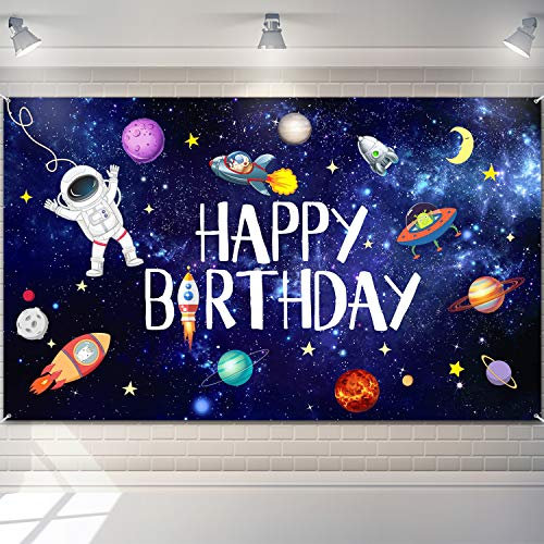 Weltraum Happy Birthday Fotografie Hintergrund - Astronaut Rakete Banner Astrologie Astronomie Planet Galaxis für Kinder Geburtstag Party Foto Stand