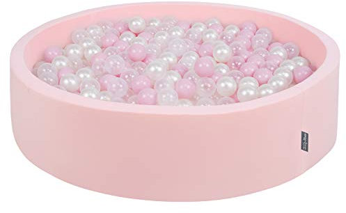 KiddyMoon Bällebad 120X30cm/300 Bälle Rund Groß Bällepool Mit Bunten Bällen Für Babys Kinder, Rosa:Puderrosa-Perle-Transparent