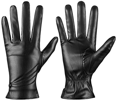 ISHISBEB Winter-Lederhandschuhe für Damen, warme Touchscreen-Handschuhe, Kaschmir-gefütterte Handschuhe, Schwarz, Medium
