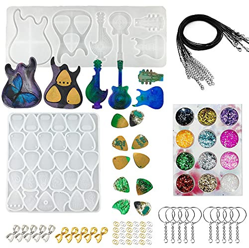 Cayway 33 Stück Gießform Silikonform, 1 Stück Schmuck Resin Form Gitarren Picks mit Pailletten, Anhänger Schnalle, Schwarzes Wachsseil und Schlüsselanhänger für DIY Halskette, Handarbeitsschmuck