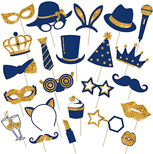 24 Pcs Accessoires de Photobooth pour Fête Anniversaire Mariage Nouvel an Remise des Diplômes, Mélange de Chapeaux, Verre à Vin, Rouge à Lèvres, Cravate, Couronnes (Or et Bleu Marine)