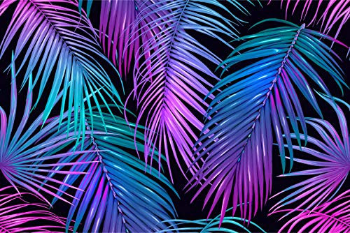 Muralo Selbstklebende Vlies Fototapete Neon Blätter Natur Tapete Pflanzen Flora Dschungel Exotik Wohnzimmer Schlafzimmer Wandbilder XXL Wand Br.416xHö.290