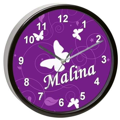 CreaDesign, WU-01-1032-05, Schmetterling Lila Wanduhr für Kinderzimmer, personalisierbar mit Namen, Rahmen schwarz, Durchmesser 19,5 cm
