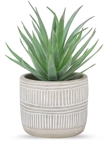 Der Rose 8.5 Fake Succulent Plant in Striped Ceramic Pot for Boho Decor