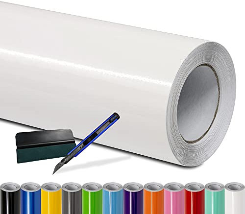 Folindo® Autofolie Weiß Glanz (6€/m²) - 20 x 1,52 m - Selbstklebende Car Wrapping Folie mit Luftkanälen - inkl. Rakel & Cutter - Blasenfreie Auto Folierung - Hochwertige Vinylfolie