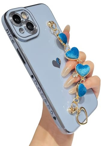 Caseative Cute Plating Love Heart Wrist Strap Chain Bracelet Soft iPhone 14 Plus Case, Blue, Wireless Charging Compatible, Anti-Fingerprint, Drop and Scratch Resistant