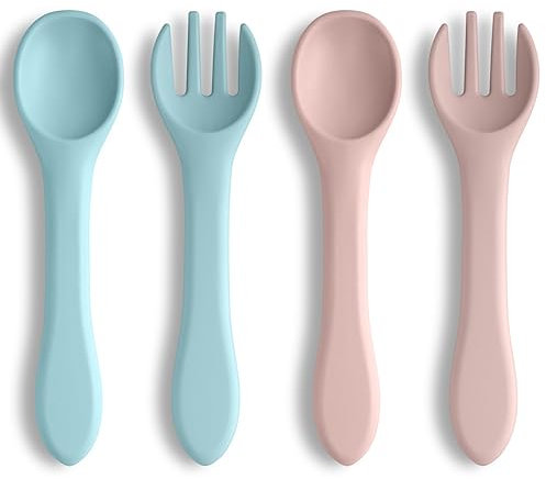 Vicloon Cuchara y Tenedor de Silicona,4 PCS Juego de Cuchara y Tenedor para Niños,Vajilla de Aprendizaje para Niños,Cucharas y Tenedores para Niños Adultos Bebé