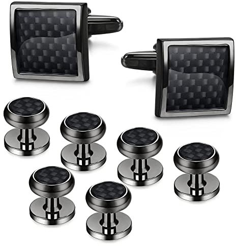 Bulckrew 4 Paar Herren Manschettenknöpfe Retro Quadrat Rund Kohlenstofffaser Hemdknöpfe Schwarz