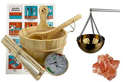 Kit d'accessoires pour sauna classique Premium 4.0/6 pièces en pin naturel plus bol d'arômes pour sauna Multicup en acier inoxydable avec 1 kg de pierres de sel roses