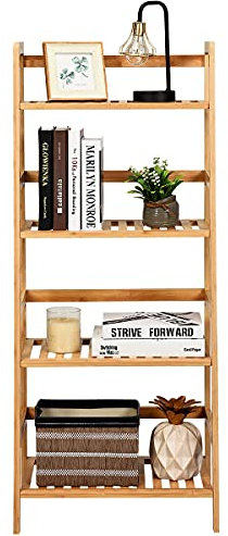 GYMAX Scaffale a Scala, 4 Livelli, Telaio in Bambù, Scaffale Angolo da Terra per Vasi da Fiori, Libri, Riviste, 48 x 32 x 115 cm, Design Moderno (Originale)
